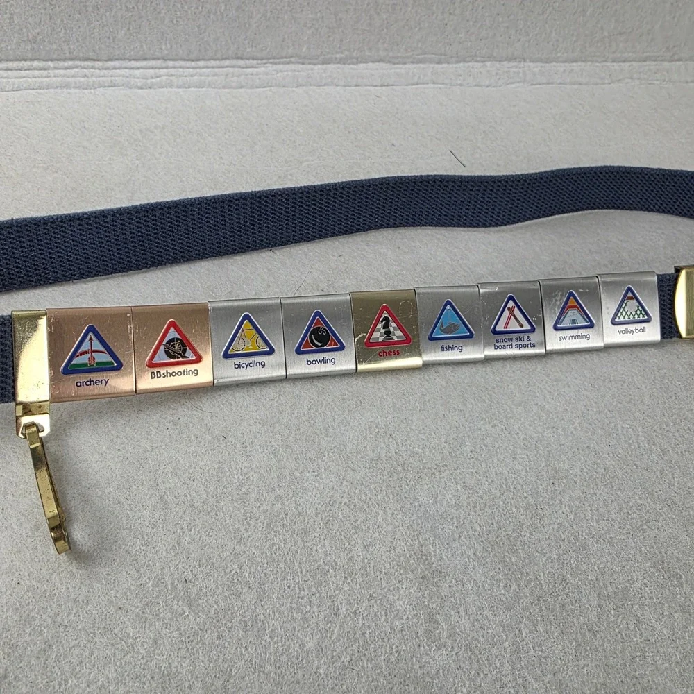 Vintage Cub Scouts Web Belt Brass Buckle w/ 9 Sports Academics Belt Loops USA
